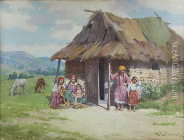 By The Hut Oil Painting - Emil Lindemann