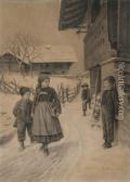Kinderen In De Sneeuw Oil Painting - Albert Anker