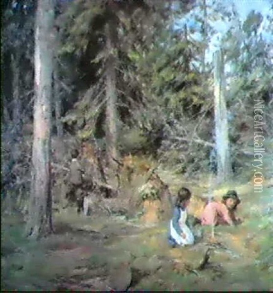 Around A Camp Fire Oil Painting - James Riddel
