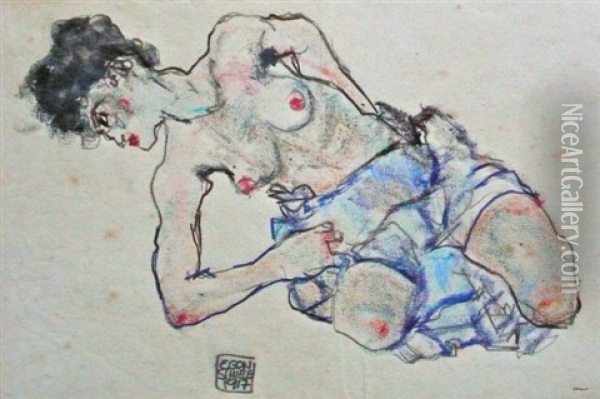 Untitled Study Of A Kneeling Female Nude Oil Painting - Egon Schiele