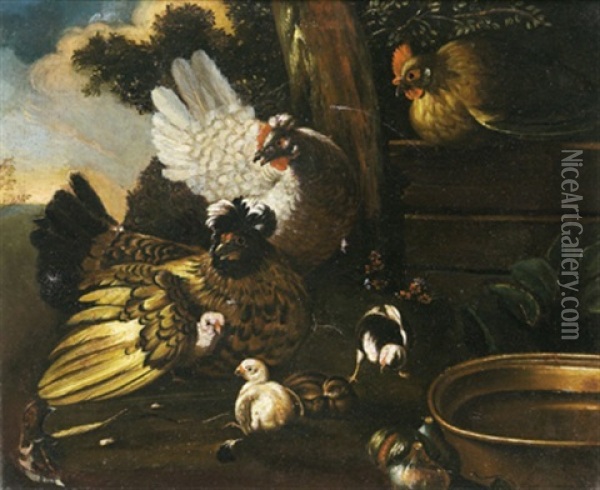 Geflugelhof Mit Huhnern Und Kuken Oil Painting - Pieter Casteels III