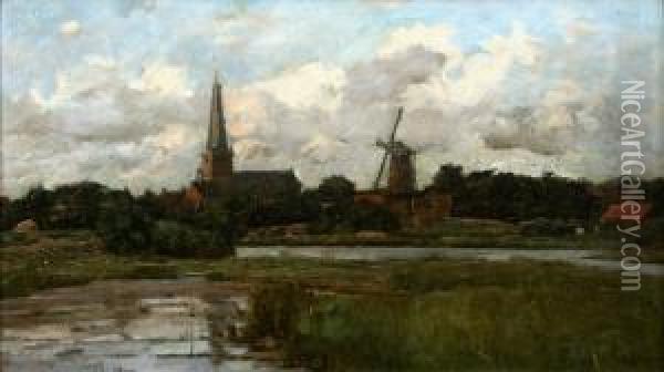 Gezicht Op Een Dorp Met Kerk En Molen. Gesigneerd Oil Painting - Cornelis Pouderoijen