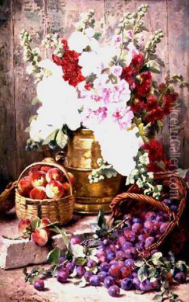 Still life with flowers in a brass urn and fruit in baskets, 1898 Oil Painting - Eugene Claude