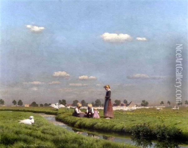 Girls With Ducks In A Field Oil Painting - Paul Wilhelm Keller-Reutlingen