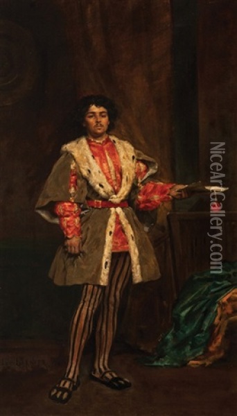 Portrait Of A Man Full Length In Medieval Costume Oil Painting - Jules Arsene Garnier