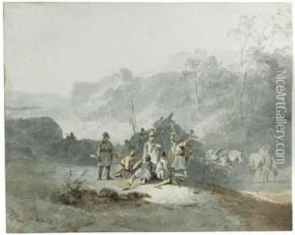 Soldiers Resting By A Road In A Hilly Wooded Landscape, A Ruin On Ahill Beyond Oil Painting - Wijnandus Johannes Josephus Nuijen