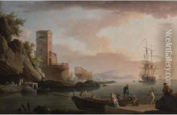 Mediterranean Harbor With A Shipyard Oil Painting - Jean Henry D'Arles