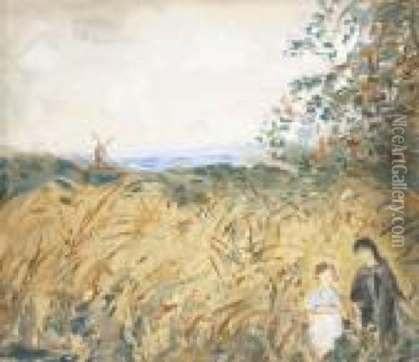Kinder In Landschaft Mit Windmuhle Oil Painting - Pierre Laprade