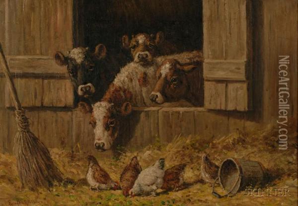 In The Barnyard Oil Painting - Edward E. Burrill