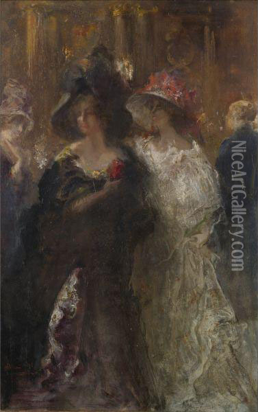 Two Elegant Ladies Oil Painting - Pompeo Mariani