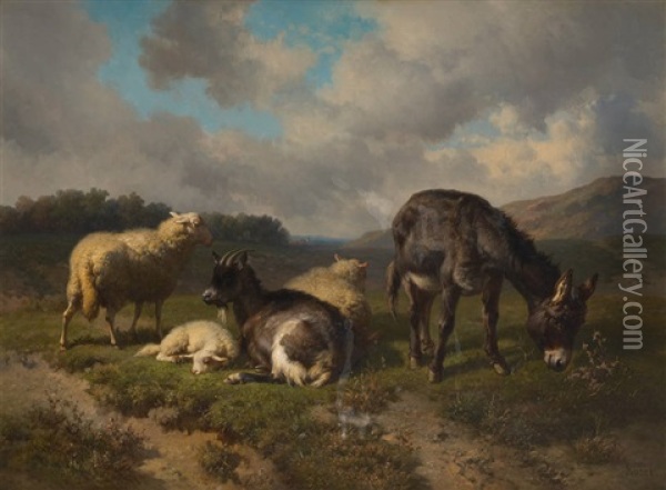 Ane, Moutons Et Chevre Sur Fond De Paysage Oil Painting - Louis Robbe