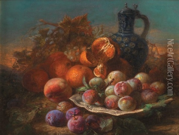 Prunes, Oranges Et Pichet En Gres Devant Un Paysage Oil Painting - Jules Antoine Pelletier