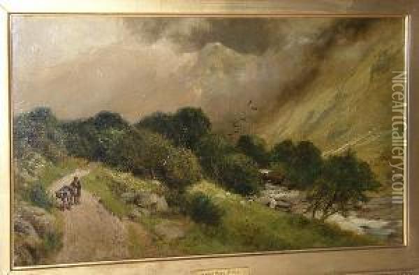 Figure And Donkey On A Mountain Path Oil Painting - James Peel