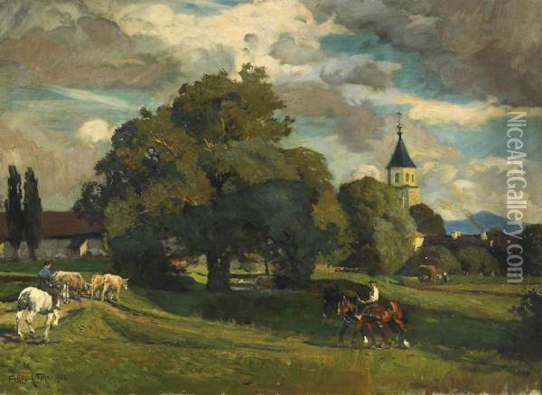 View On A Southern German Town With Church Oil Painting - Friedrich Fehr