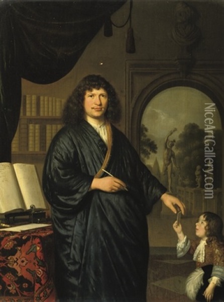 Portrait Of A Gentleman, In A Japansche Rok, Standing In A Library, Giving A Messenger A Letter Oil Painting - Pieter Cornelisz van Slingeland