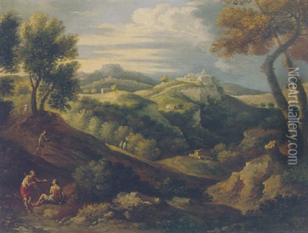 An Arcadian Wooded Landscape With Figures Resting By A Track, A Citadel In The Distance Oil Painting - Giovanni Battista Busiri
