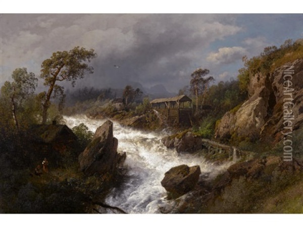 Cabin And Mill Beside A Raging River Oil Painting - Hermann Herzog
