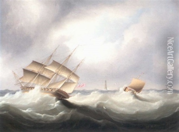 Shipping In A Strong Breeze Off Eddystone Lighthouse Oil Painting - James Edward Buttersworth