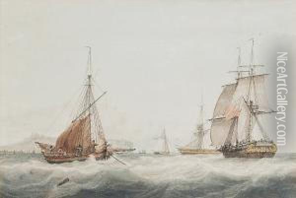 A Brig Running Up The Channel 
Amidst Other Vessels In The Straits Of Dover, With Dover Castle On The 
Clifftop Beyond Oil Painting - Samuel Atkins