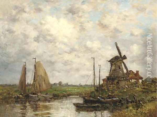 Barges moored before a windmill in a Dutch landscape Oil Painting - Dutch School