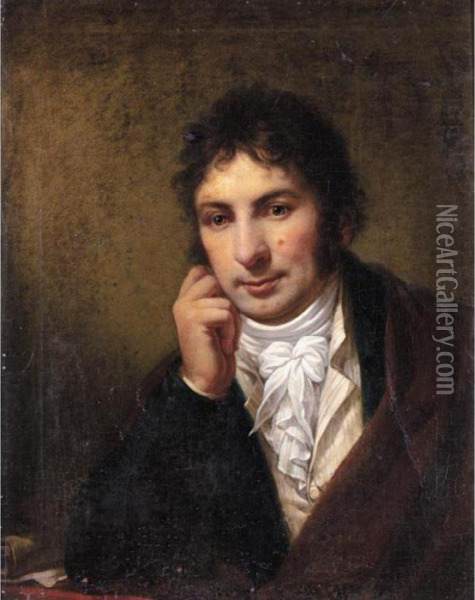 Portrait Of A Gentleman, Half 
Length, Resting His Head On His Hand Wearing A Red Cloak, A Blue Jacket 
And A White Waistcoat And Cravat Oil Painting - Pietro Benvenuti