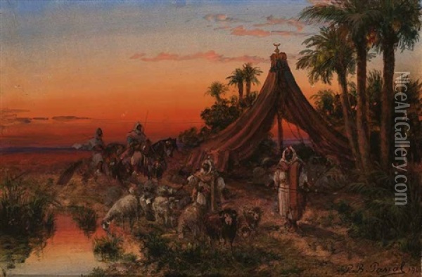 Beduinen Mit Ihrem Vieh In Einem Zeltlager Vor Sonnenuntergang Oil Painting - Paul Pascal