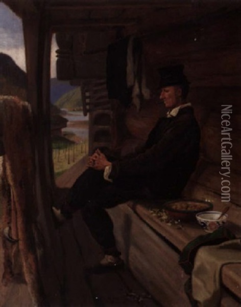 Mann Med Pipe Fra Setesdal Oil Painting - Olaf Isaachsen