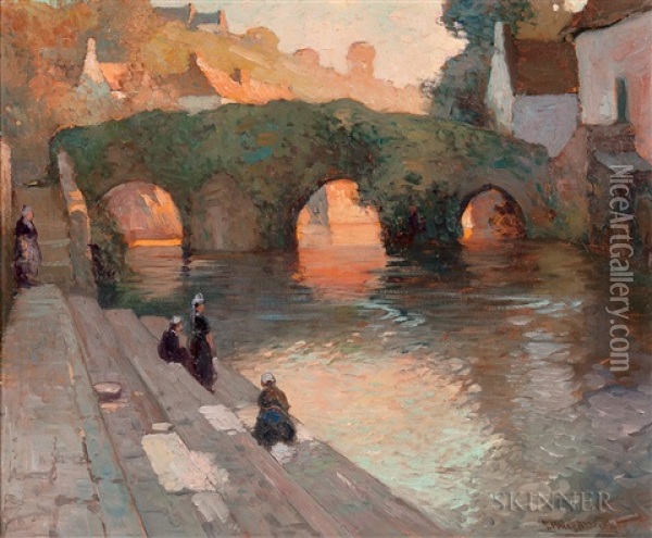 The Flowered Bridge, Quimperle Oil Painting - George Ames Aldrich