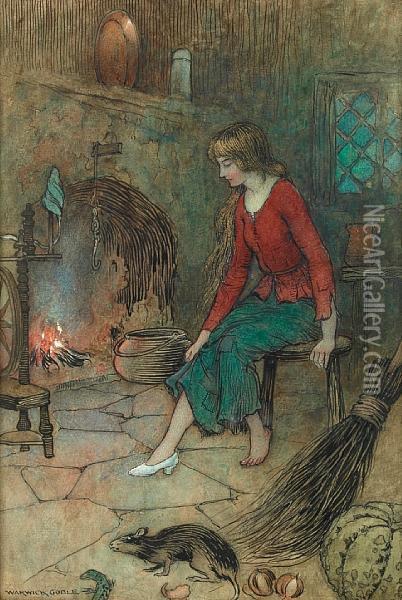 Cinderella Trying On Her Glass Slipper By The Hearth Oil Painting - Warwick Goble