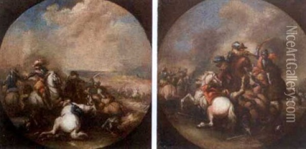 Cavalry Scene - The Thirty Years War (+ Another, Similar; Pair) Oil Painting - Jacques Courtois