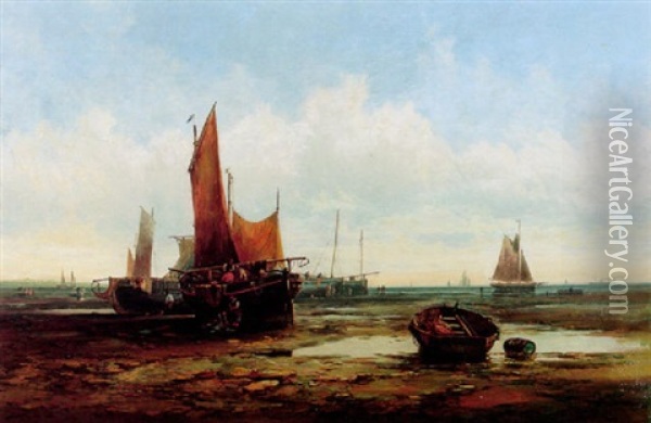 A Coastal Scene Near Yarmouth With Fishing Boats Oil Painting - George Gregory
