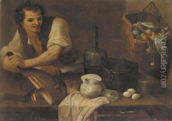 A kitchen interior with a serving boy slicing prosciutto, a basket of vegetables hanging from the wall, bread, a glass, a bottle, and other objects Oil Painting - Carlo Magini