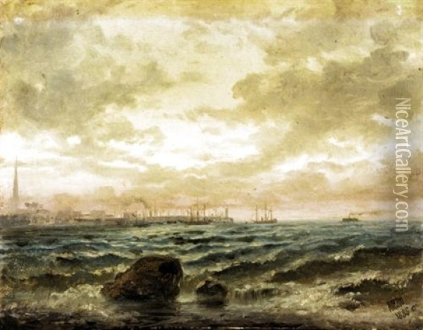 Seascape With Port Oil Painting - Lev Felixovich Lagorio