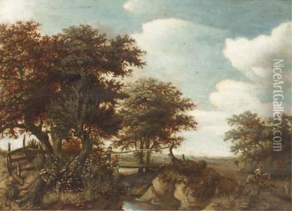 Peasants Fishing Off A Bridge In A Wooded Landscape Oil Painting - Guillam de Vos