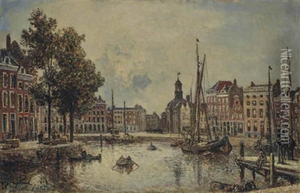 Le Port De Rotterdam, Le Matin : Vue Sur La Bourse Oil Painting - Johan Barthold Jongkind