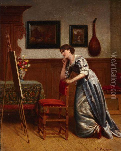 Binnenhuis Met Elegante Dame Voor Schildersezel Oil Painting - Gustaaf Antoon F. Heyligers