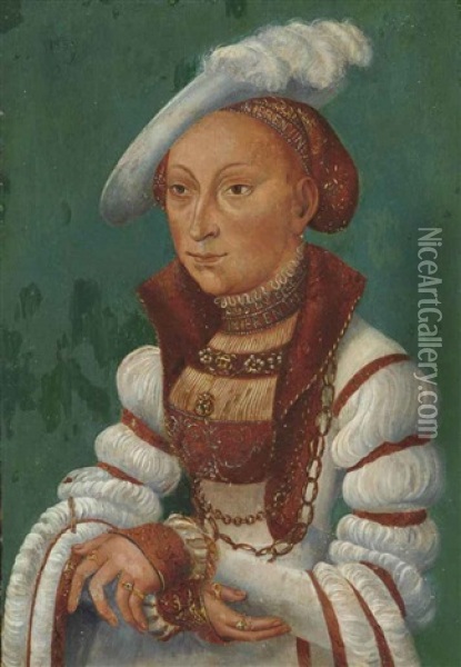 Portrait Of Sibylle Von Cleve, Electress Of Saxony (1510-1554), Half- Length, In A White Dress With Bands Of Gold And A White Feathered Hat Oil Painting - Lucas Cranach the Younger