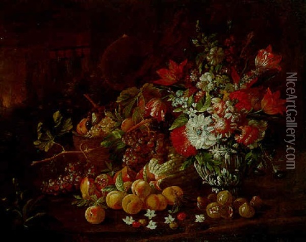 A Still Life Of Various Flowers In A Gilt Vase With A Basket Of Fruit, All Set In A Landscape Oil Painting - Gaetano Cusati