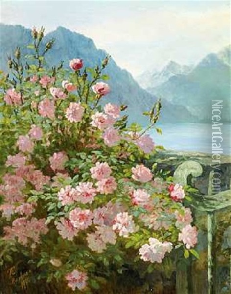Blomstrende Rosenbusk Ved En Schweizisk So, I Baggrunden Bjerglandskab Oil Painting - Anthonie Eleonore (Anthonore) Christensen