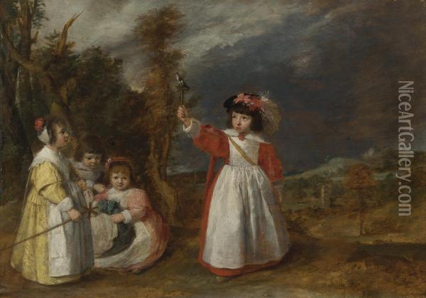 Young Children At Play In A Landscape Oil Painting - Adriaen Brouwer
