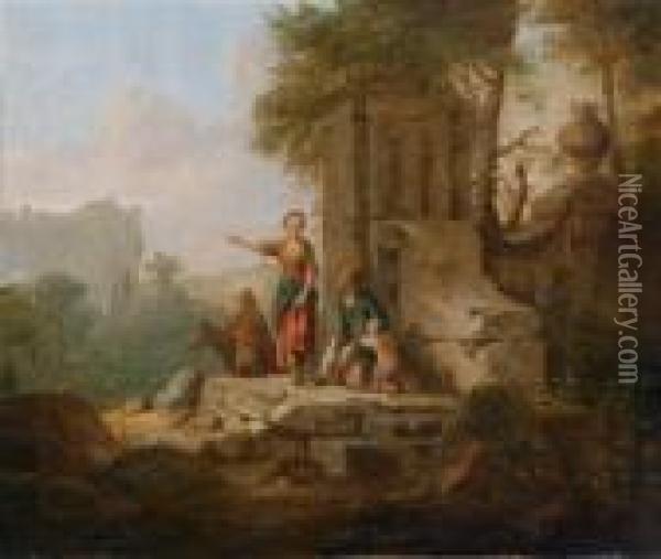 Ein Paarsudliche Landschaften Mit Romischen Monumenten Und Landlicherstaffage Oil Painting - Franz Ferg