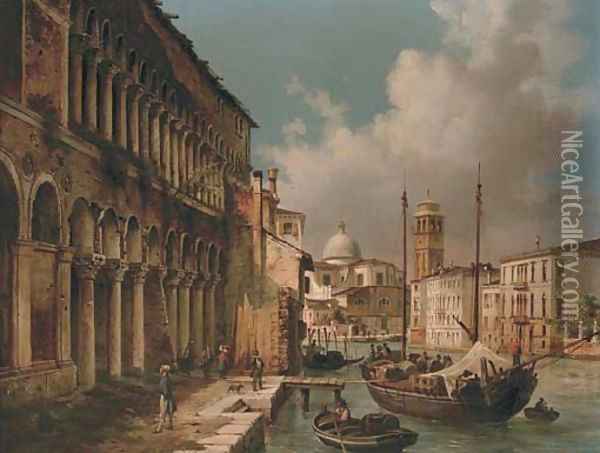 Figures before a palazzo on a Venetian backwater with San Giorgio Maggiore beyond Oil Painting - Luigi Querena
