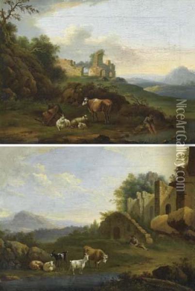 Pair Of Works. Two Landscapes With Herdsmen And Ruins. Oil Painting - Jacob Philipp Hackert