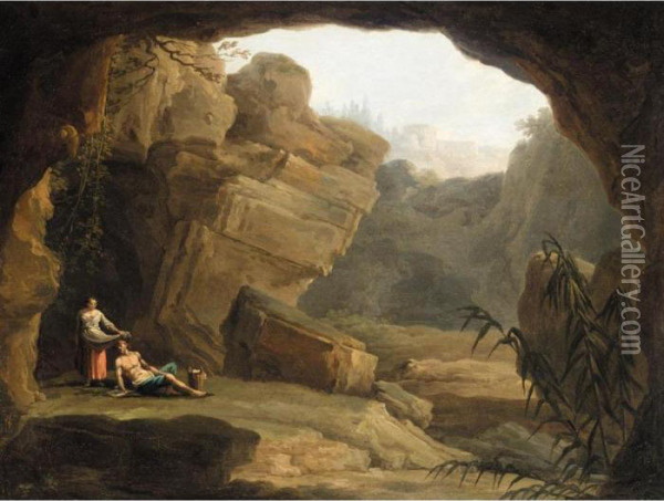Figures Resting By The Mouth Of A Cave, A Capriccio View Of Tivoli Beyond Oil Painting - Claude-joseph Vernet