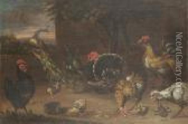 A Peacock, Roosters And Various Fowl In A Barnyard Oil Painting - Adriaen de Gryef