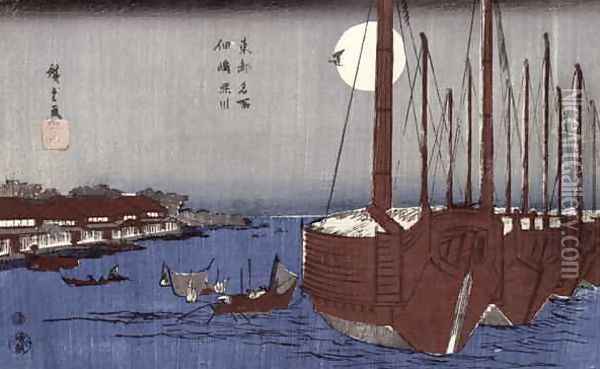 Tsukudajima island and the Fukagawa district under the full moon from the series Toto Meisho Oil Painting - Utagawa or Ando Hiroshige
