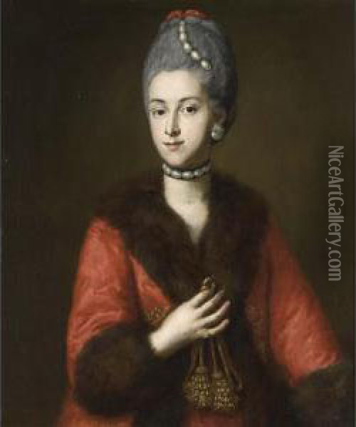 A Portrait Of Maria Anna Grafin 
Von Capris (1746-1818), Wearing A Red Coat With A Fur Trim And Mother Of
 Pearl Jewellery, Holding A Rope Oil Painting - Georg Desmares