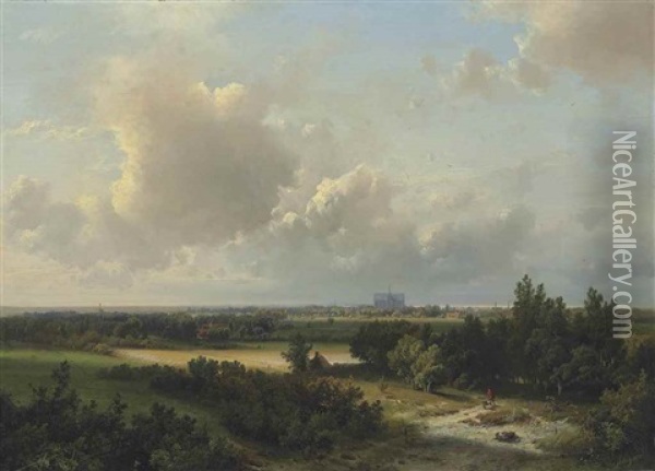 Gezigt In De Omstreken Van Haarlem: A Panoramic View Of Haarlem Oil Painting - Pieter Lodewijk Francisco Kluyver