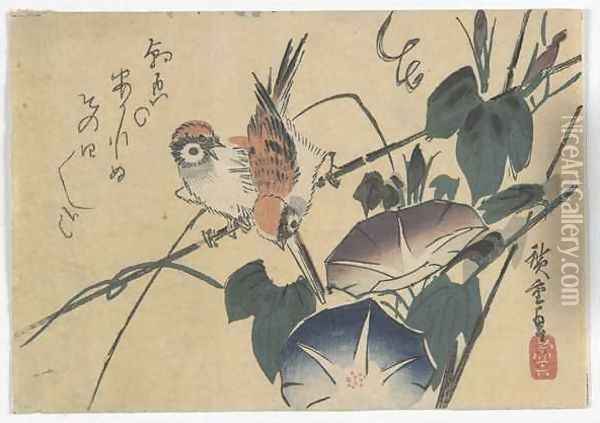 Sparrows and Morning Glories Edo period Oil Painting - Utagawa or Ando Hiroshige