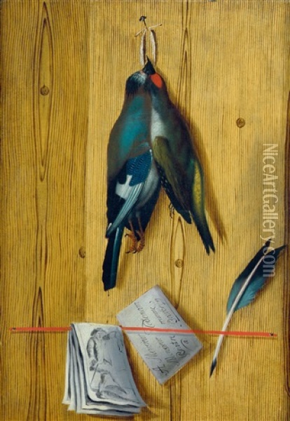 Trompe L'oeil Mit Singvogeln, Federkiel Und Brief Oil Painting - Johann Michael Codomann